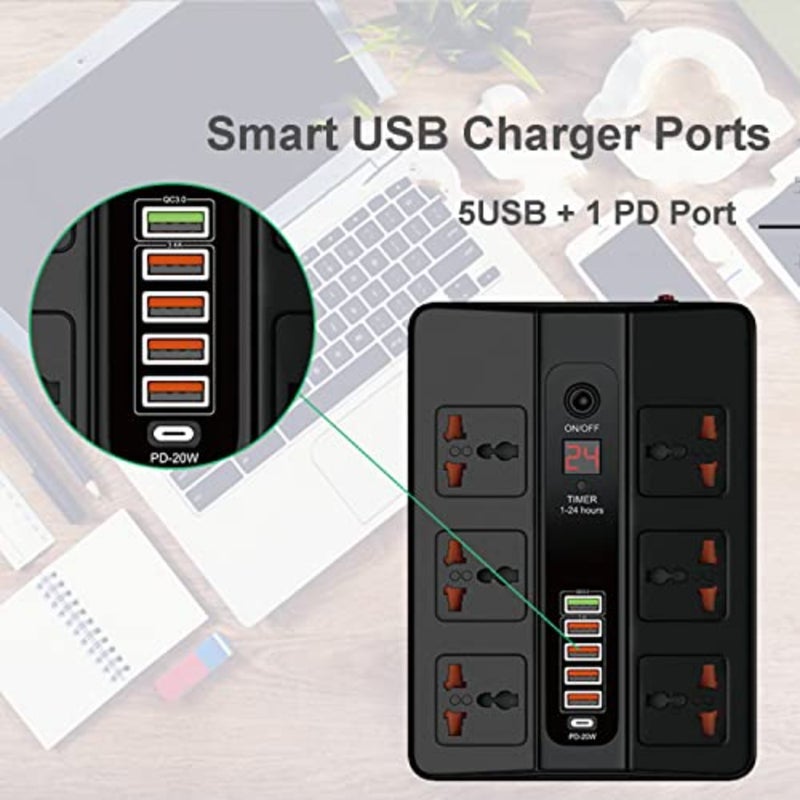 شريط طاقة لسطح المكتب مع 6 منافذ تيار متردد و5 منافذ USB بما في ذلك 1 PD، تصميم قابس مسطح، غطاء بلاستيكي ABS أسود، حجم صغير لاستخدام مساحة العمل، طول سلك 6 أقدام، حماية من زيادة التيار ومؤشرات LED - Image 4
