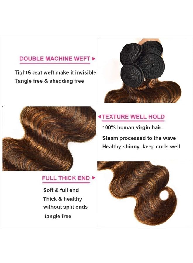 UNice Ombre Brown Highlight Body Wave Human Hair Weave 1 bundle 22 inch, Brazilian Remy Hair Dark Root Blonde Human Hair Weaves Extension Piano Color TFB30 - Image 3