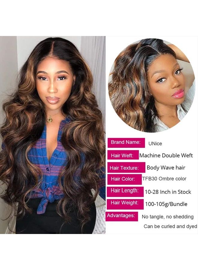 UNice Ombre Brown Highlight Body Wave Human Hair Weave 1 bundle 22 inch, Brazilian Remy Hair Dark Root Blonde Human Hair Weaves Extension Piano Color TFB30 - Image 4