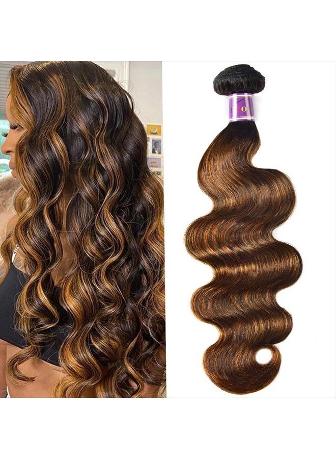 UNice Ombre Brown Highlight Body Wave Human Hair Weave 1 bundle 22 inch, Brazilian Remy Hair Dark Root Blonde Human Hair Weaves Extension Piano Color TFB30 - Image 1