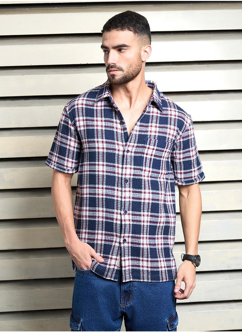 HIGH STAR Relaxed Multicolor Waffle Shirt for Men, Half Sleeve and Textured Look  - Image 1
