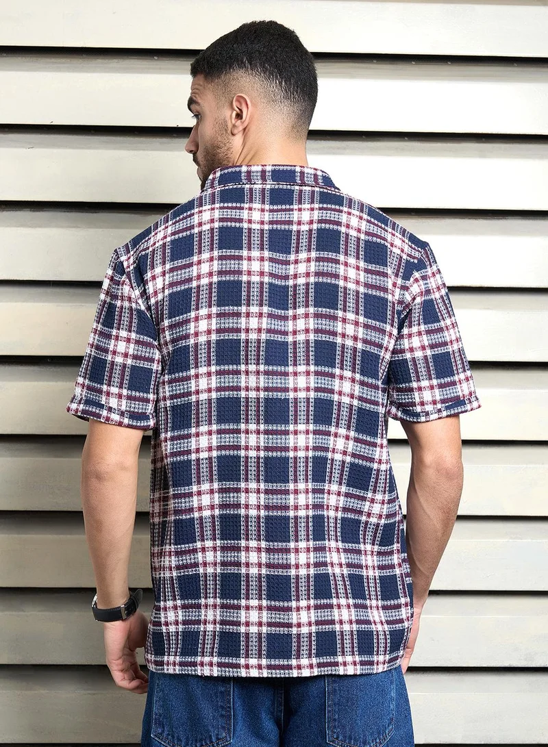 HIGH STAR Relaxed Multicolor Waffle Shirt for Men, Half Sleeve and Textured Look