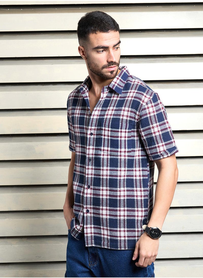 HIGH STAR Relaxed Multicolor Waffle Shirt for Men, Half Sleeve and Textured Look  - Image 2