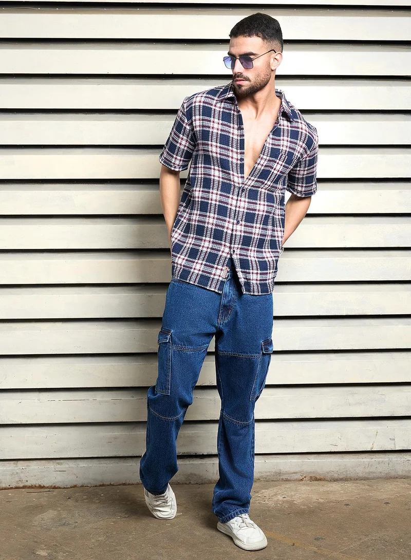 HIGH STAR Relaxed Multicolor Waffle Shirt for Men, Half Sleeve and Textured Look