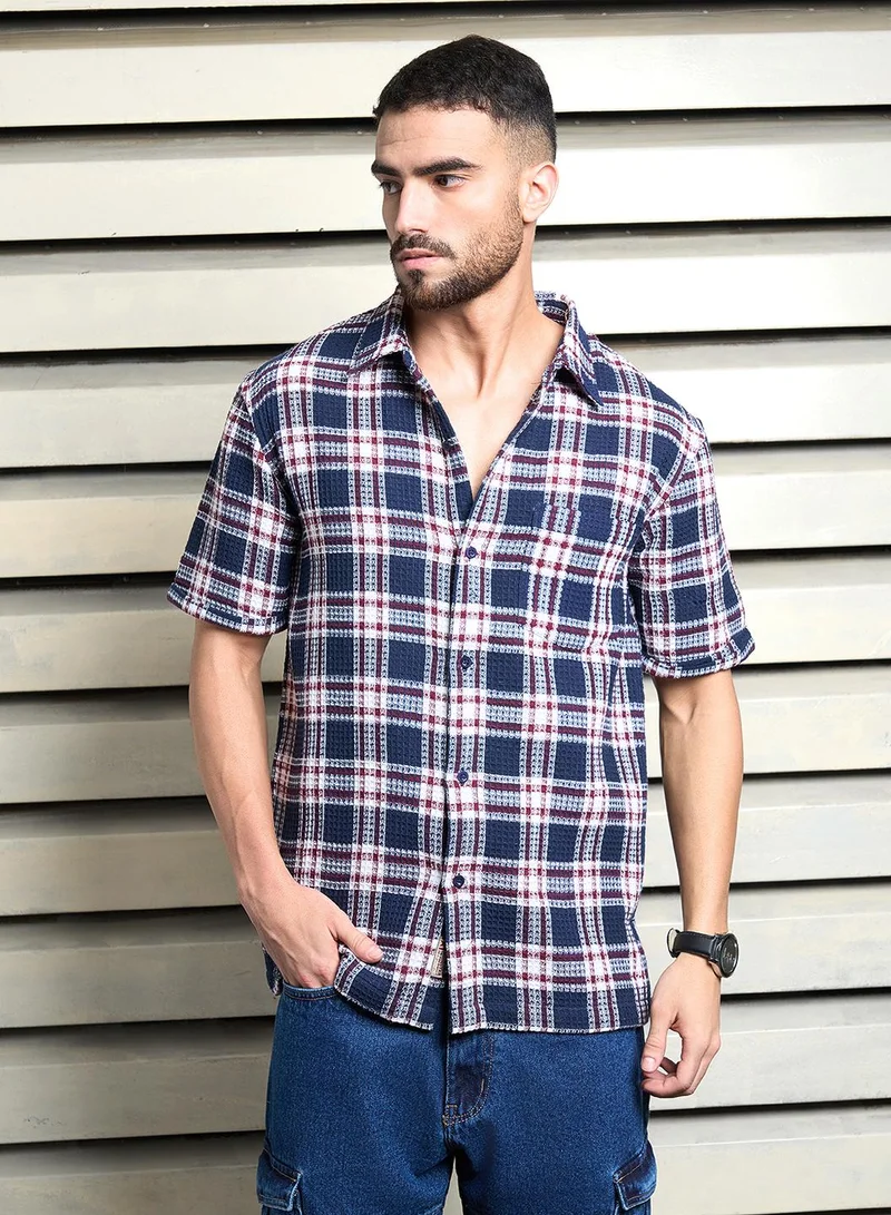 HIGH STAR Relaxed Multicolor Waffle Shirt for Men, Half Sleeve and Textured Look