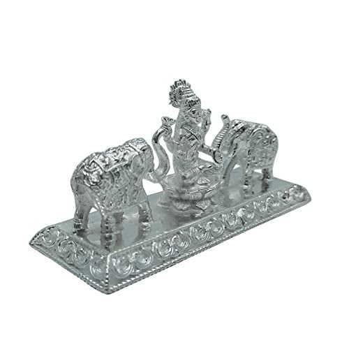 MAA SILVER Pure Silver Gaj Laxmi/Lakshmiji BIS Hallmarked Solid Idol/Murti on Lotus Kamal with Elephant at Each Sides Perfect for Gifting & Pooja Use (925 Purity)(115 Grams Silver) - Image 2