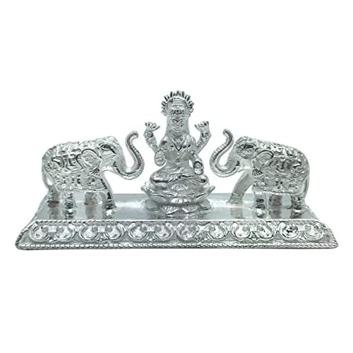 MAA SILVER Pure Silver Gaj Laxmi/Lakshmiji BIS Hallmarked Solid Idol/Murti on Lotus Kamal with Elephant at Each Sides Perfect for Gifting & Pooja Use (925 Purity)(115 Grams Silver) - Image 1