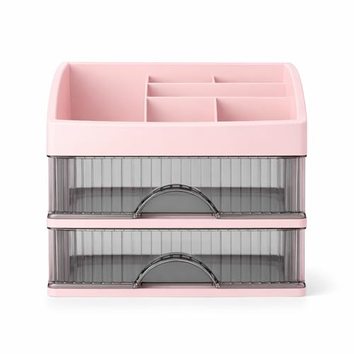 KREPS® Desk Makeup Organizer, Plastic Storage Box with Sliding Drawer, Stylish Display Case for Cosmetics, Lotion, Nail Polish,Brushes,and Jewelry (1 Pink, 2 - Layer) - Image 1