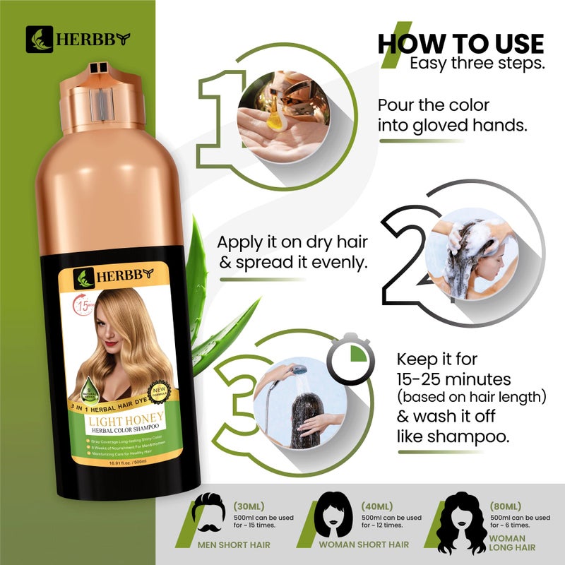 HERBBY Hair Color Shampoo for Gray Hair Coverage&Color Transform with 9 Herbal Extracts â€“Long Lasting(6-8 Weeks),Shiny,Evenly Colored,Instant Hair Dye Shampoo&Conditioner, 500 Ml (LIGHT HONEY COLOR) - Image 5