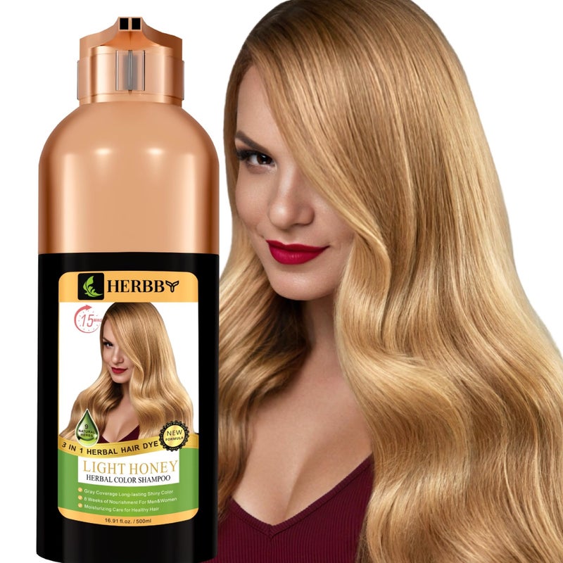 HERBBY Hair Color Shampoo for Gray Hair Coverage&Color Transform with 9 Herbal Extracts â€“Long Lasting(6-8 Weeks),Shiny,Evenly Colored,Instant Hair Dye Shampoo&Conditioner, 500 Ml (LIGHT HONEY COLOR) - Image 1
