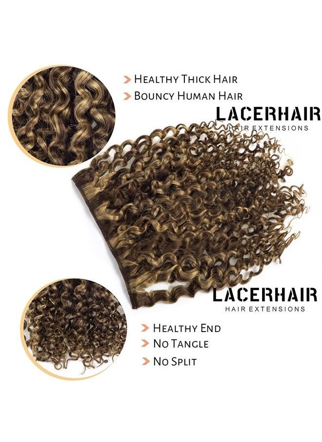 Lacer - Clip in Human Hair Extensions Jerry Curly 3B 3C Real Hair Clip in Extensions For Black Women Highlight Dark Brown with Strawberry Blonde Color 100% Brazilian African American Hair Extension (14 Inch, - Image 1