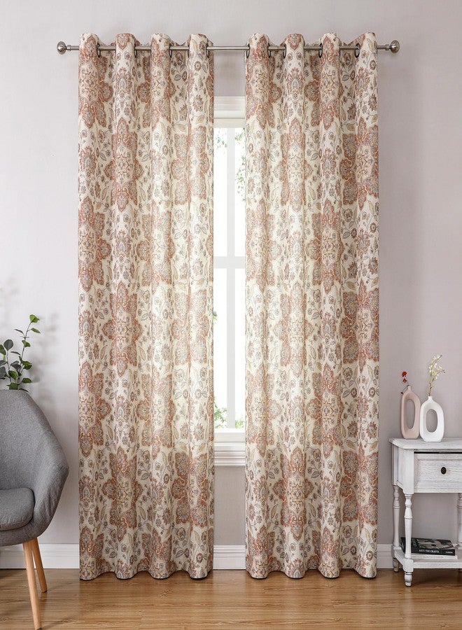 Central Park Floral Vintage Medallion Print Curtain Panel Linen Teaxture Botanical Print Window Drapery with Grommet Top for Bedroom, Living Room, Gold/Red, 54"x84"x2 - Image 2