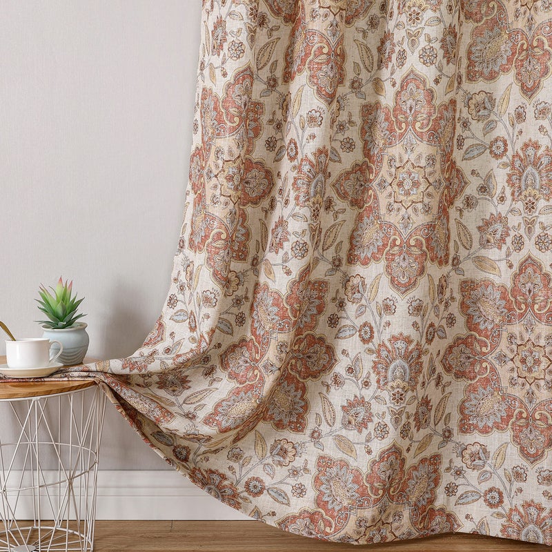 Central Park Floral Vintage Medallion Print Curtain Panel Linen Teaxture Botanical Print Window Drapery with Grommet Top for Bedroom, Living Room, Gold/Red, 54"x84"x2 - Image 1