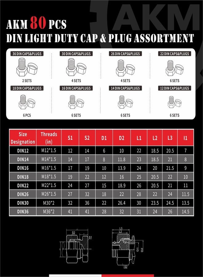 AKM 80 Pcs DIN Light Duty Cap Plug Assortment Hydraulic Adapter Pipe Fittings Kit Set, Galvanized Steel with Precision Threading Dash Sizes 12 14 16 18 22 26 30 36 - Image 5