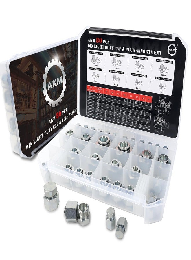 AKM 80 Pcs DIN Light Duty Cap Plug Assortment Hydraulic Adapter Pipe Fittings Kit Set, Galvanized Steel with Precision Threading Dash Sizes 12 14 16 18 22 26 30 36 - Image 1