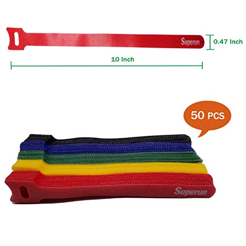 Superun 50 Pcs Multi-Color 10 Inch Fastening Cable Ties Reusable Cord Organizer, Adjustable Hook and Loop Wire Wrap Cable Management - Image 2