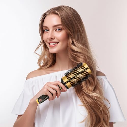 SHINLEA فرشاة دائرية كبيرة لتجفيف الشعر، فرشاة شعر دائرية من الألمنيوم للنساء، فرشاة رولر لتجفيف الشعر وتصفيفه، ذهبية، للشعر المجعد والمستقيم - 2 بوصة، 2.95 بوصة مع شعيرات - Image 5