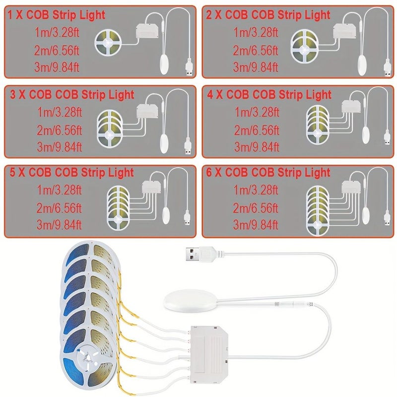 شريط إضاءة LED من نوع COB مع حساس للخزائن، USB 5V، بطول 1 متر (3.28 قدم)، مرن، بلون أبيض دافئ، مع مفتاح تحكم بلمسة خافتة للإضاءة، مناسب لإضاءة المطبخ وعرض الخزائن. - Image 1