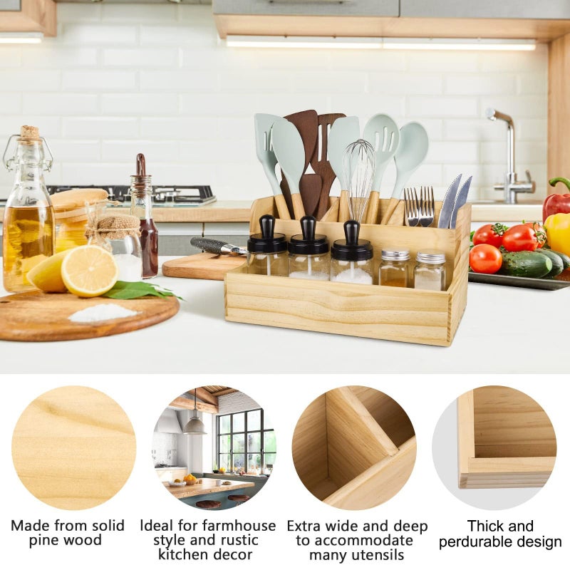 RedCall Utensil Holder,Wood Cooking Utensil Organizer,Large Farmhouse Utensil Holder for Counter top,Rustic Spoon Spatula Holder Kitchen Tools Storage Caddy Decor - Image 3