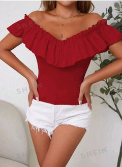 Off Shoulder Ruffle Trim Tee Red