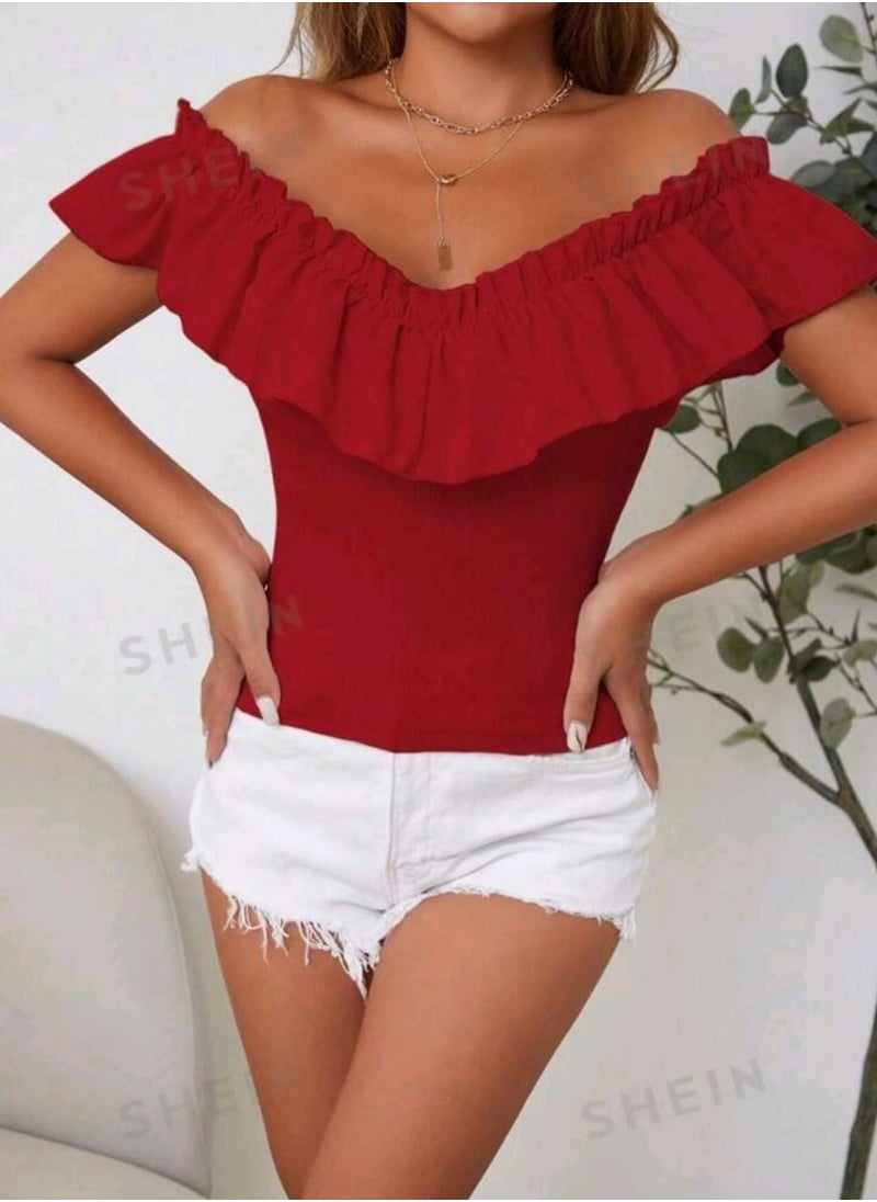 Shein - Off Shoulder Ruffle Trim Tee Red - Image 1