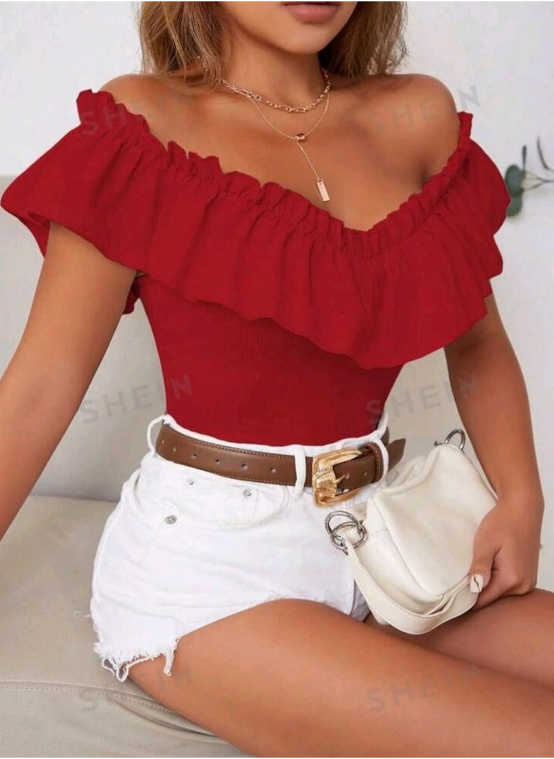 Shein - Off Shoulder Ruffle Trim Tee Red - Image 1