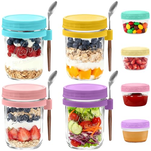 Heyglee Overnight Oats Containers with Lids, 4-pack Overnight Oats Jars with Spoons and Small Containers, 16oz Glass Mason Jar with Airtight Lid, Chia Pudding Jars Yogurt Containers with Lids, Gifts for Women - Image 1