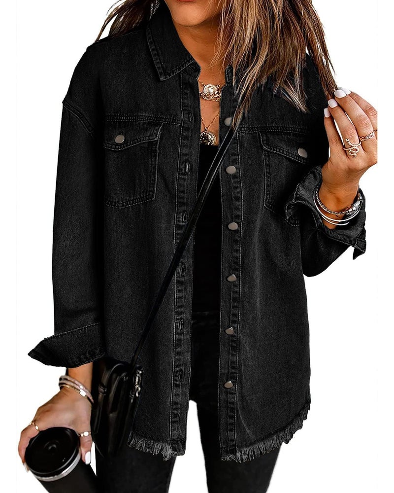 Vetinee Women's Womens Spring Jacket Oversized Boyfriend True Black Front Button Up Frayed Raw Hem Long Sleeve Pockets Denim Jean Jacket Shacket Large Size 12 Size 14 - Image 1