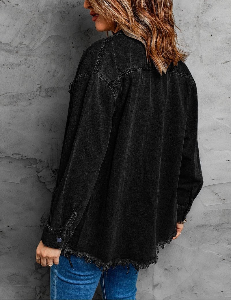 Vetinee Women's Womens Spring Jacket Oversized Boyfriend True Black Front Button Up Frayed Raw Hem Long Sleeve Pockets Denim Jean Jacket Shacket Large Size 12 Size 14 - Image 2