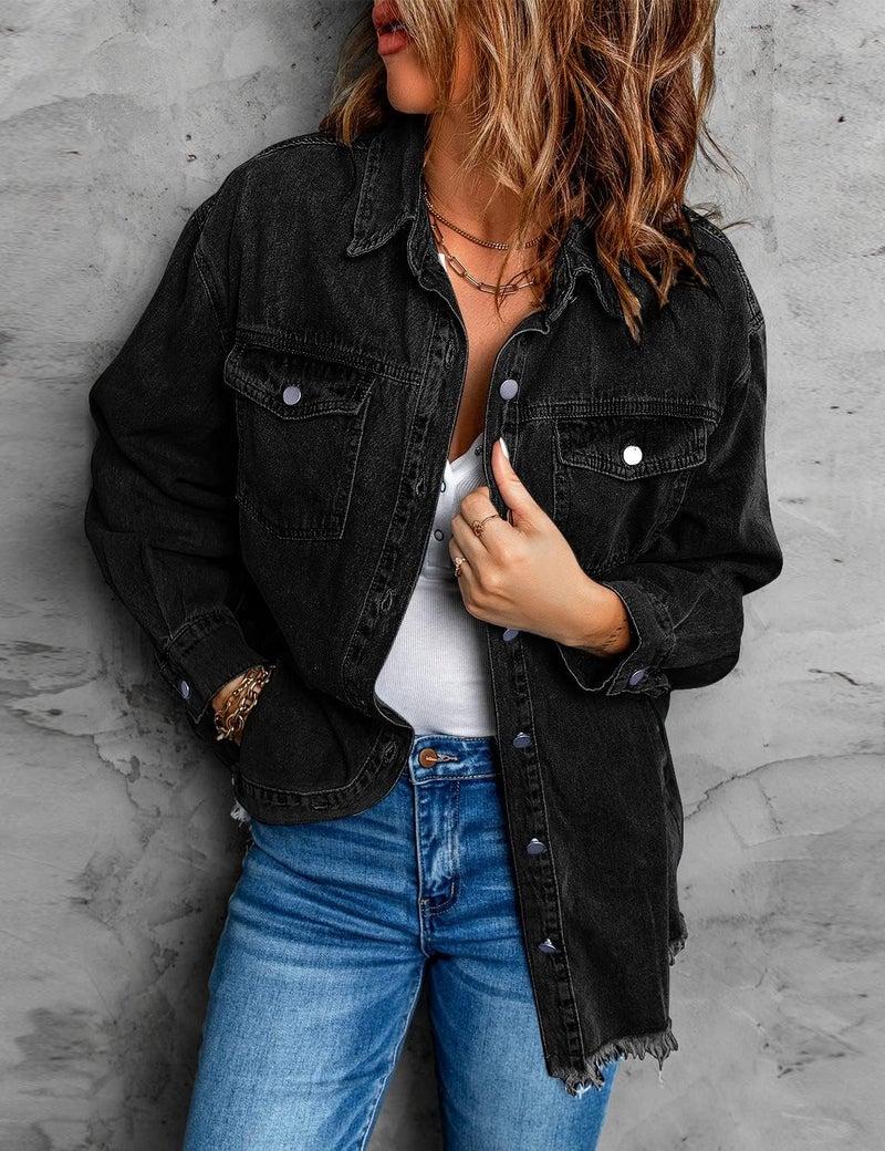 Vetinee Women's Womens Spring Jacket Oversized Boyfriend True Black Front Button Up Frayed Raw Hem Long Sleeve Pockets Denim Jean Jacket Shacket Large Size 12 Size 14 - Image 5