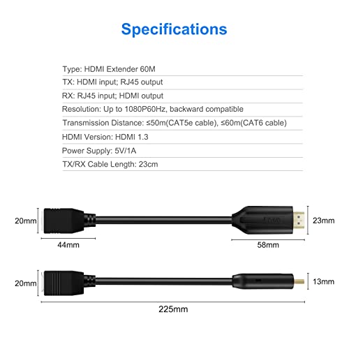 Wiistar HDMI Extender Over Cat5e/6 HDMI to RJ45 Extender Ethernet Network Converter Cable Repeater 1080P up to 60m HD MI Transmitter and Receiver for HDTV STB - Image 3