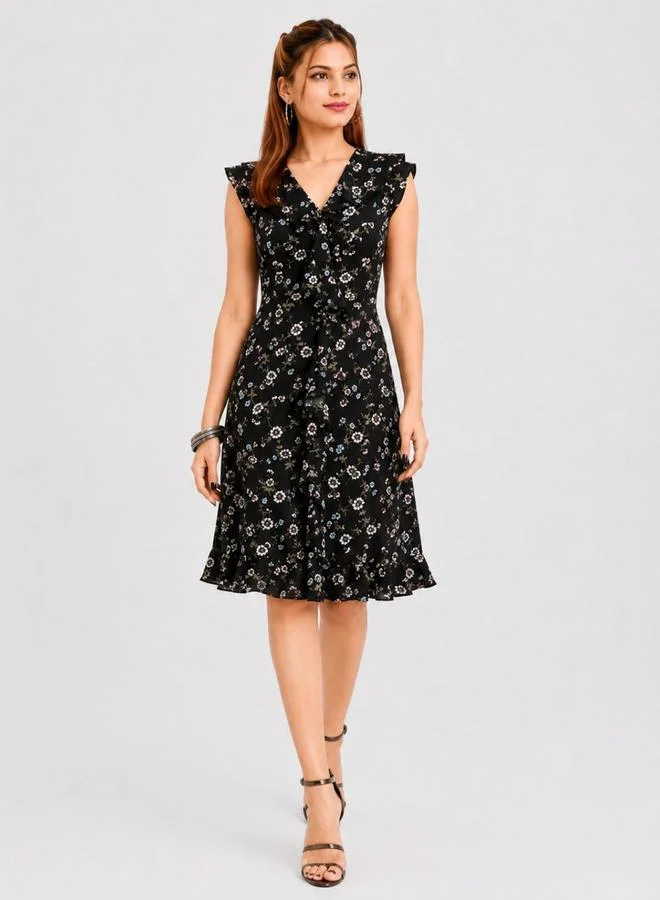 House Of Raeli Floral A-Line Knee-Length Dress with Ruffles