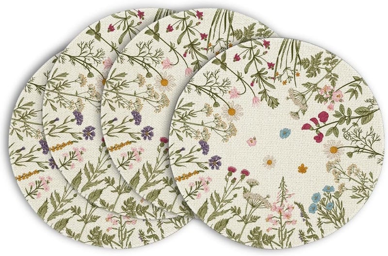 KASTWAVE Round Placemats Set of 4, 14 Inch Quilted Cloth Table Mats for Dining Table Decoration, Antique Herbs Wild Flowers Lace Mats, Washable Fabric Place Mats for Indoor and Outdoor Use - Image 1