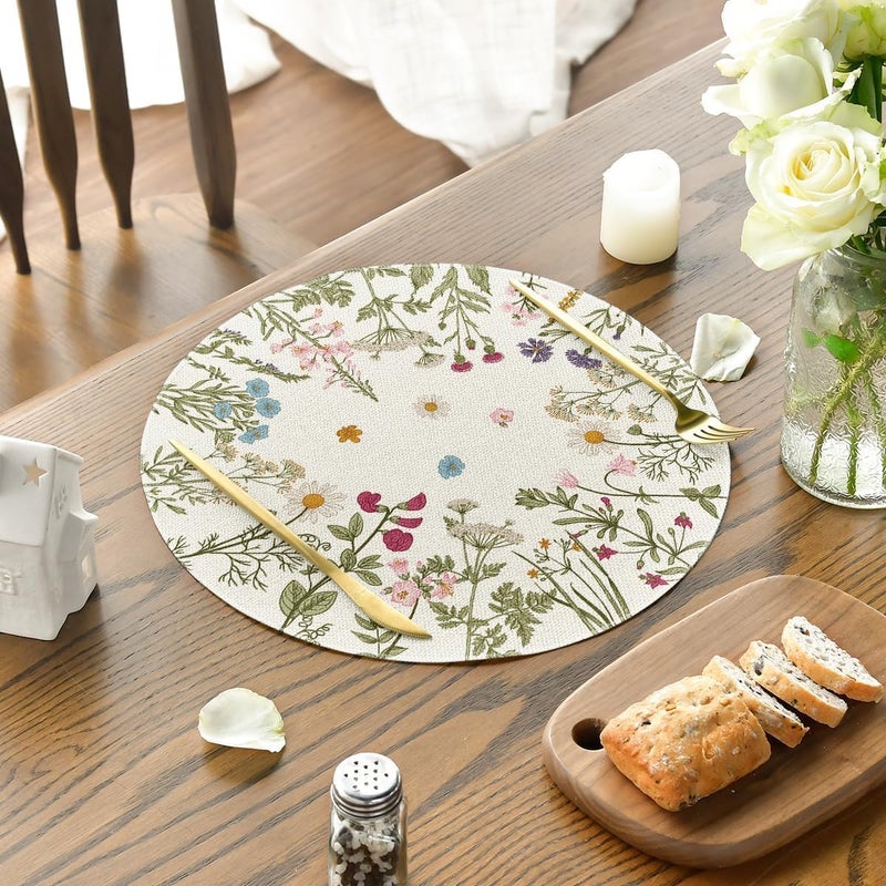 KASTWAVE Round Placemats Set of 4, 14 Inch Quilted Cloth Table Mats for Dining Table Decoration, Antique Herbs Wild Flowers Lace Mats, Washable Fabric Place Mats for Indoor and Outdoor Use - Image 3