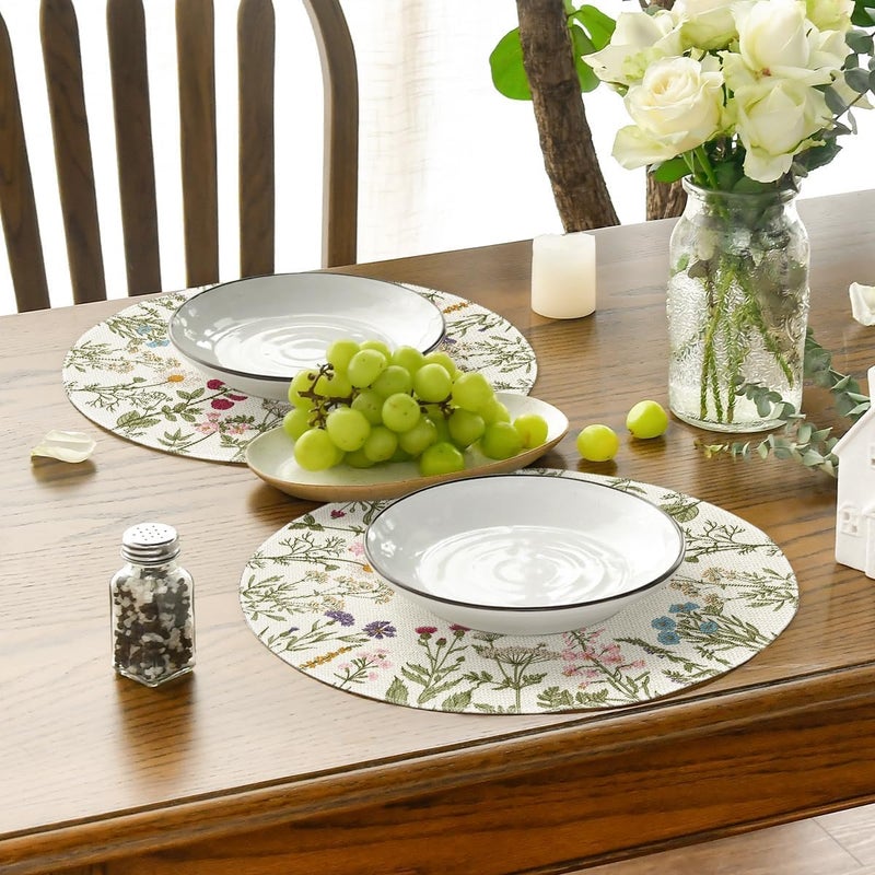 KASTWAVE Round Placemats Set of 4, 14 Inch Quilted Cloth Table Mats for Dining Table Decoration, Antique Herbs Wild Flowers Lace Mats, Washable Fabric Place Mats for Indoor and Outdoor Use - Image 4