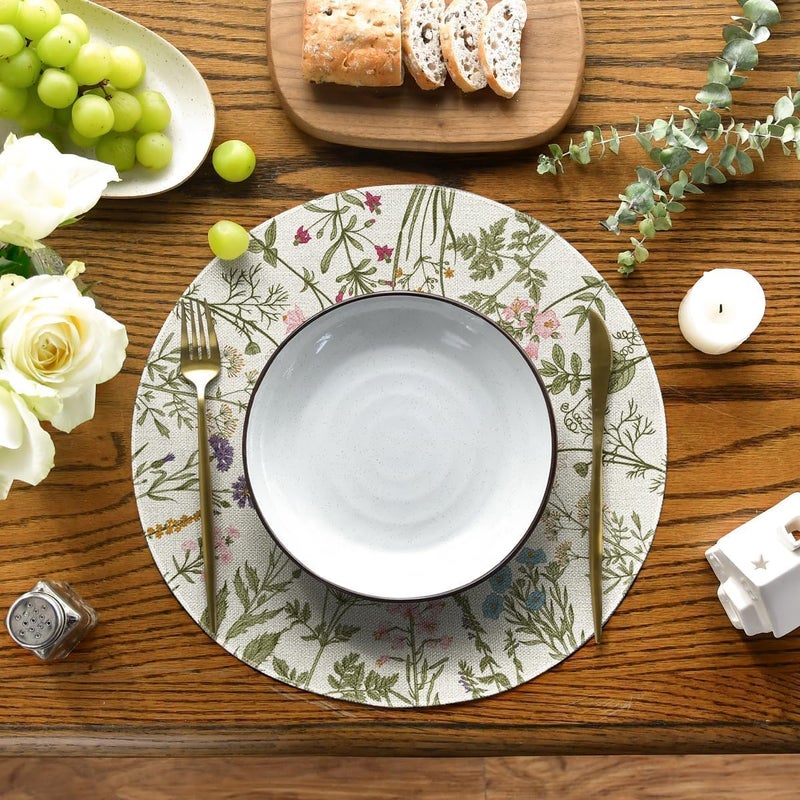 KASTWAVE Round Placemats Set of 4, 14 Inch Quilted Cloth Table Mats for Dining Table Decoration, Antique Herbs Wild Flowers Lace Mats, Washable Fabric Place Mats for Indoor and Outdoor Use - Image 2