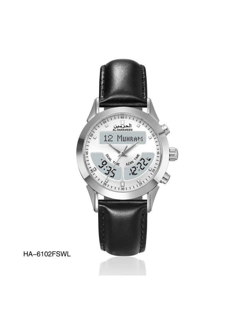الحرمين ساعة الحرمين HA-6100FSWL الإسلامية مع أذان ثنائي التوقيت - سوار فضي من الفولاذ المقاوم للصدأ مع مينا بيضاء