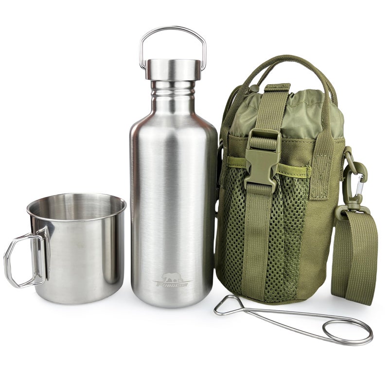 Pubgeer Canteen 42oz Single Wall Water Bottle with 24oz Nested Camping Cup and Carrier Bag Stainless Steel Bushcraft Gear Wide Mouth Water Bottle Survival Gear Water Boiler Self Reliance