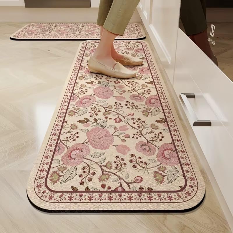 Royser Floral Kitchen Mat Set of 2 for Floor | Soft Elegant Anti-Fatigue Comfort Rug | Non-Slip Waterproof Runner Mat for Kitchen, Laundry & Home Decor | Easy Clean & Washable Floor Mat - Image 1