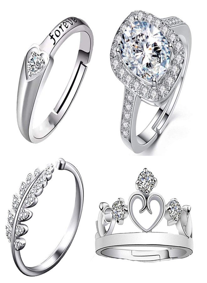 Mahi Non Precious Metal 4 Pcs Combo of Stylish and Designer White Stones Adjustable Finger Rings for Women (CO1105153R) - Image 1