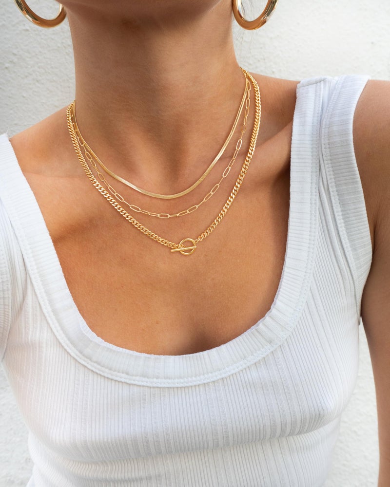 CHESKY 14K Gold Plated Layered Herringbone Necklaces for Women, Trendy Paperclip Chain Necklace Stack Snake Cuban Link Chains Simple Chunky Toggle Clasp Necklace Set Fashion Jewelry - Image 3
