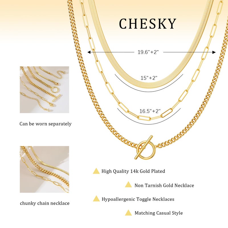CHESKY 14K Gold Plated Layered Herringbone Necklaces for Women, Trendy Paperclip Chain Necklace Stack Snake Cuban Link Chains Simple Chunky Toggle Clasp Necklace Set Fashion Jewelry - Image 5