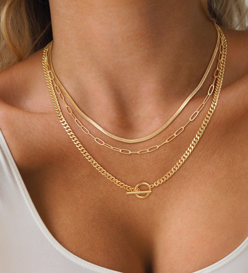 CHESKY 14K Gold Plated Layered Herringbone Necklaces for Women, Trendy Paperclip Chain Necklace Stack Snake Cuban Link Chains Simple Chunky Toggle Clasp Necklace Set Fashion Jewelry - Image 2