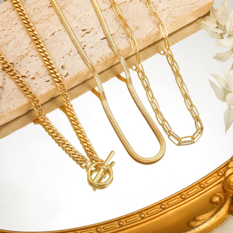 CHESKY 14K Gold Plated Layered Herringbone Necklaces for Women, Trendy Paperclip Chain Necklace Stack Snake Cuban Link Chains Simple Chunky Toggle Clasp Necklace Set Fashion Jewelry - Image 4