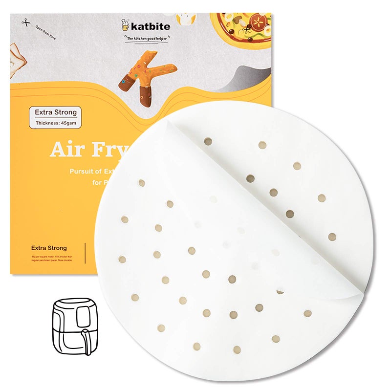 katbite Air Fryer Parchment Paper Liners 120Pcs 75 inch Perforated Parchment Paper Heavy Duty  NonStick Round Parchment Paper for Air Fryer Basket Bamboo Steamer Metal Steamer