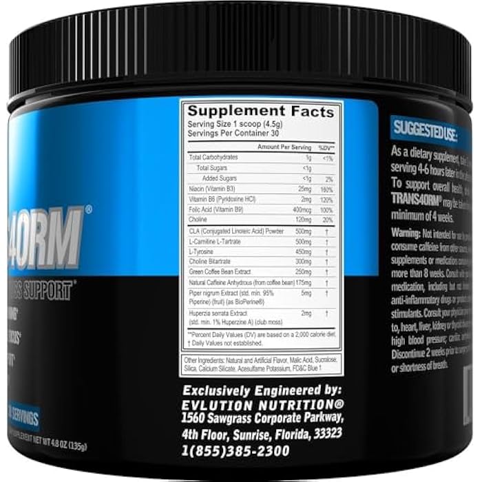 Evlution Thermogenic Fat Burning Support Powder Nutrition Trans4orm Fast Acting Energy Powder to Support Fast Metabolism Weight Loss and Mental Focus with CLA Carnitine and Alpha GPC - Blue Raz - Image 2