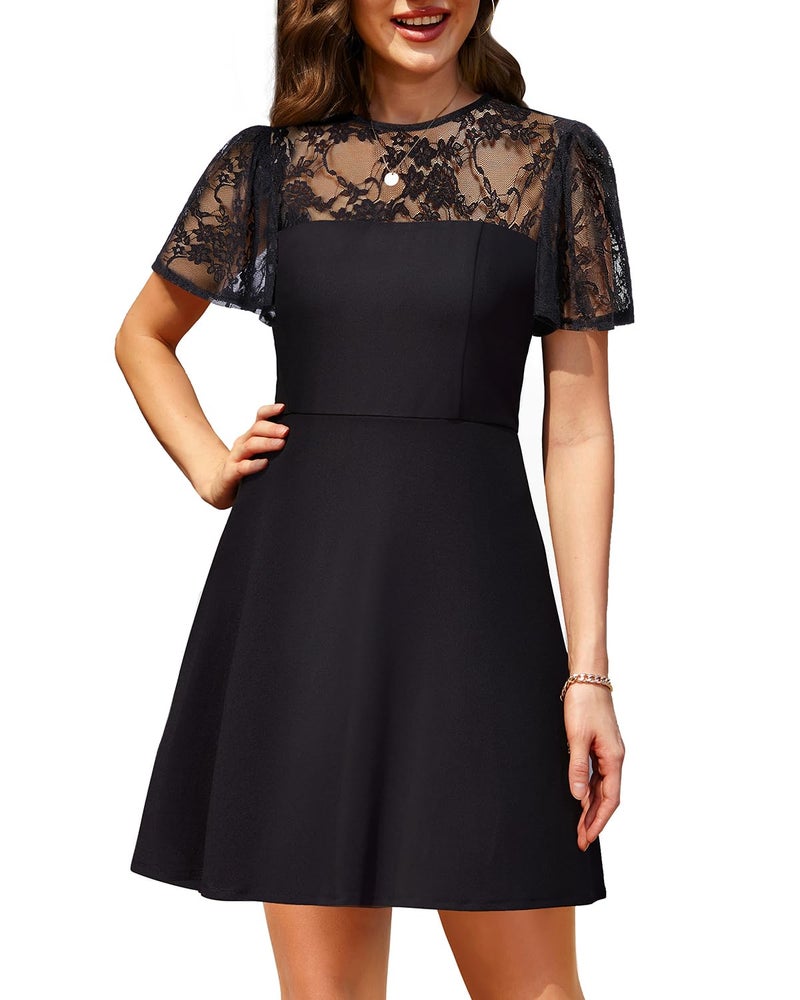 Holipick Black Cocktail Dress with Short Lace Sleeve Wedding Guest Semi Formal Party Funeral A line Short Dresses Women Teen M - Image 4