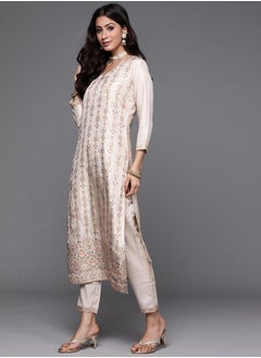 Libas Silk Blend Zari Work Kurta and Solid Trouser with Chiffon Embellished Dupatta Set by Styli  - Image 4