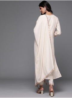 Libas Silk Blend Zari Work Kurta and Solid Trouser with Chiffon Embellished Dupatta Set by Styli  - Image 5