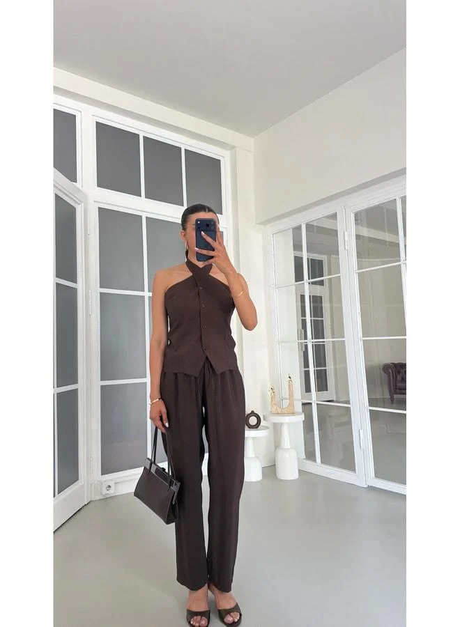 Bitter Coffee Weightlifting Collar Vest and Elastic Waist Pants Set GAUS-01770.